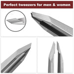 NILIYA silver facial hair tweezers being held to demonstrate the seamless non slip ergonomic handle grip