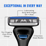 Back view of the imported Jeremy's three blade razor highlighting the integrated precision trimmer for sideburn and mustache edging.
