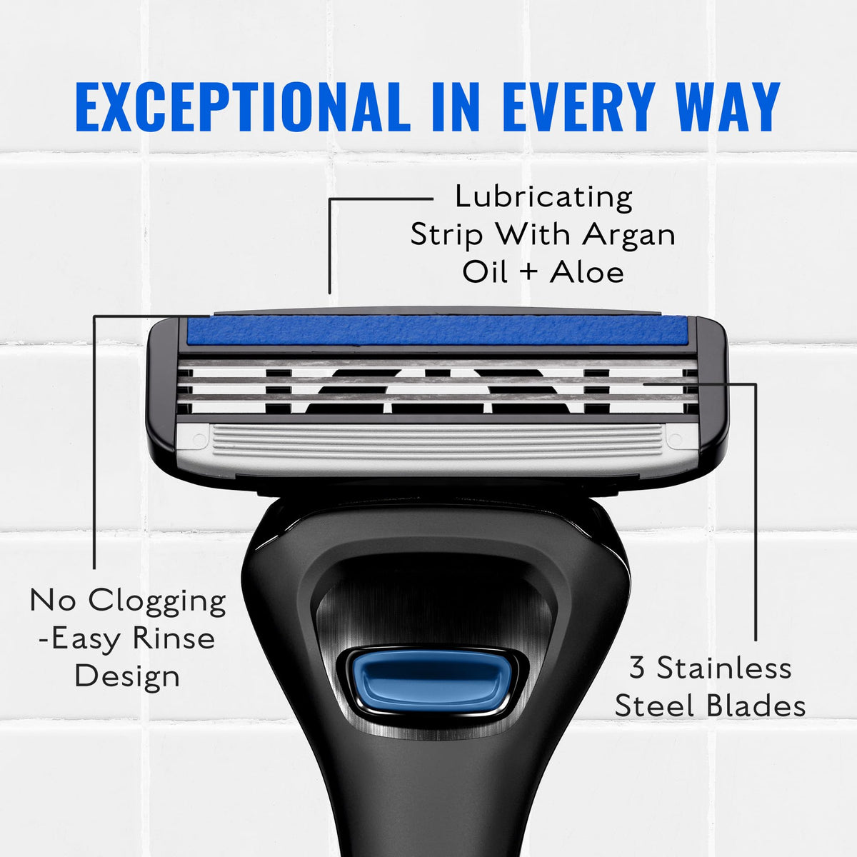 Back view of the imported Jeremy's three blade razor highlighting the integrated precision trimmer for sideburn and mustache edging.