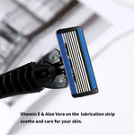 Close up of the 6 blade razor cartridge with aloe vera lubricating strip