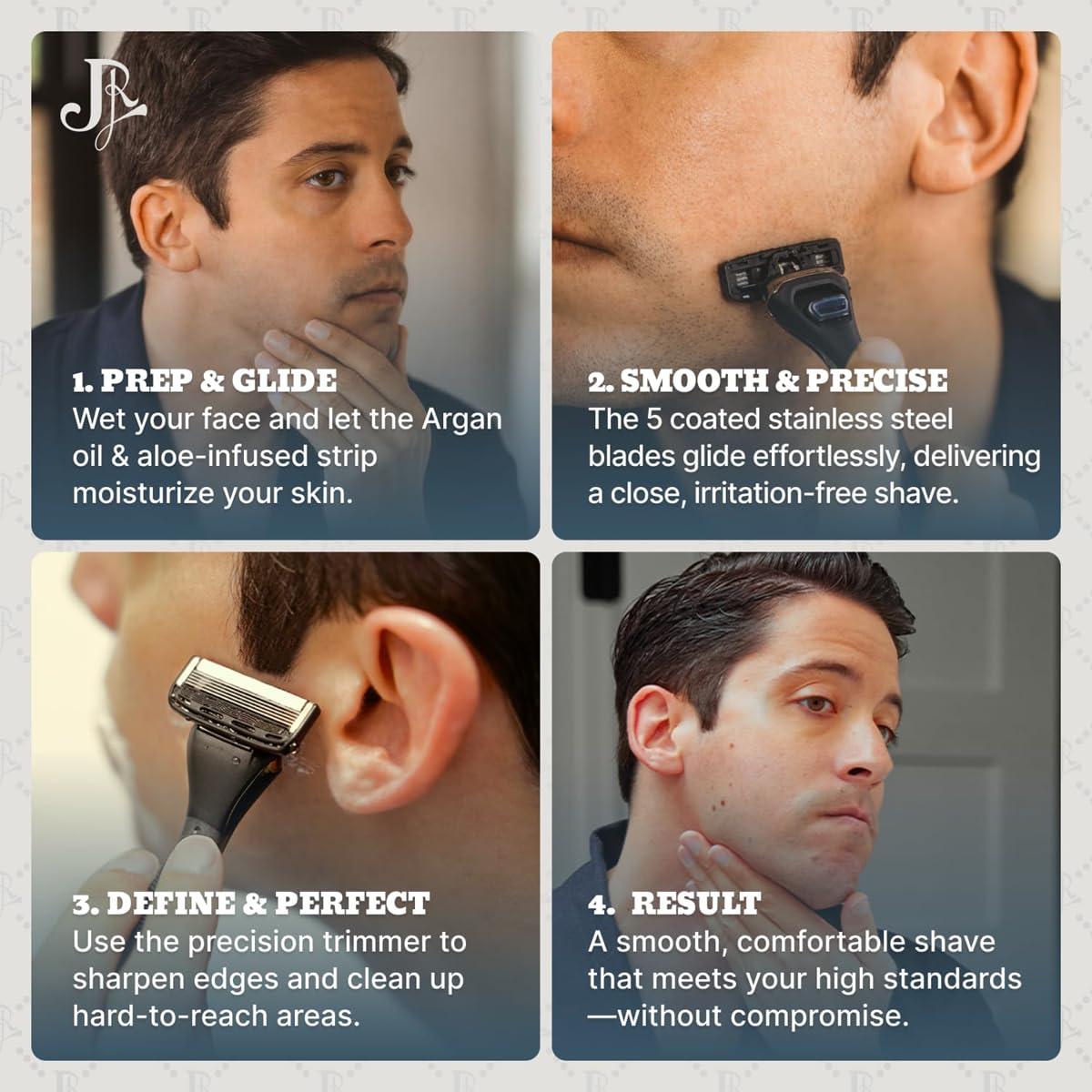 Ergonomic black handle of Jeremy's men's razor highlighting the textured grip and contemporary design
