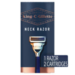Close up of the King C. Gillette two blade cartridge with lubrication strips for sensitive skin