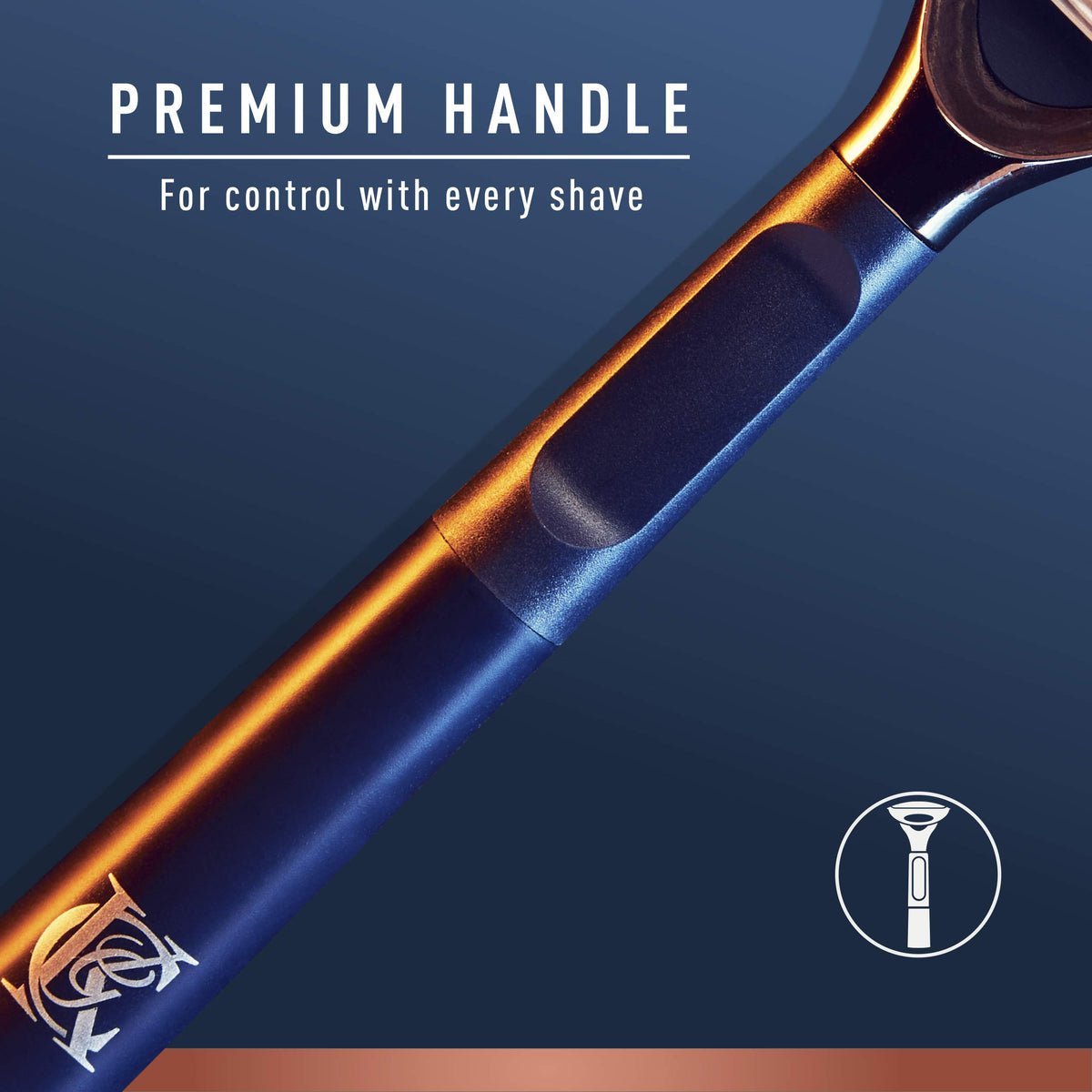 Side angle view of the King C. Gillette neck razor demonstrating blade spacing
