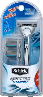 Close up view of the four titanium coated blades and lubricating strip of the manual shaving razor.