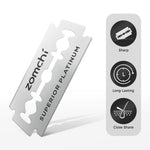 Close up view of authentic Zomchi platinum coated stainless steel razor blade for precision shaving