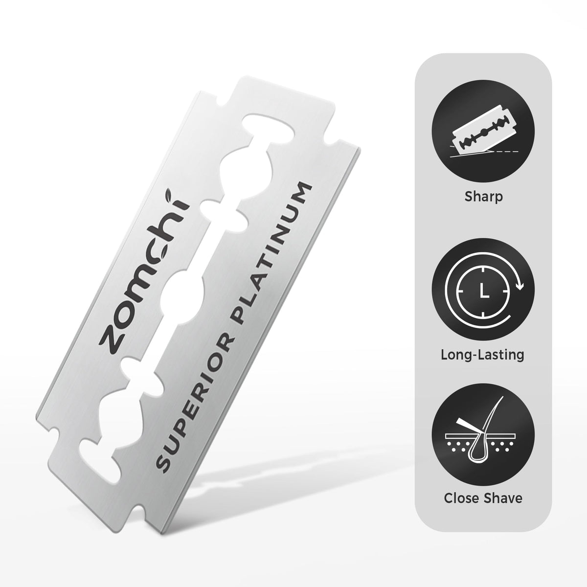 Close up view of authentic Zomchi platinum coated stainless steel razor blade for precision shaving