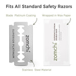 Zomchi safety razor replacement blades showing universal fit for standard double edge razors
