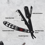 Stainless steel barber razor showing ergonomic spider handle