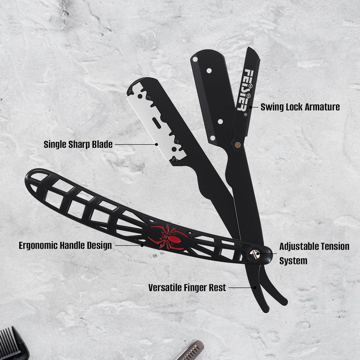 Stainless steel barber razor showing ergonomic spider handle