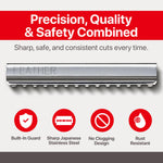 Close up view of the Japanese stainless steel guarded single edge styling razor blade showing the platinum hardening coating.