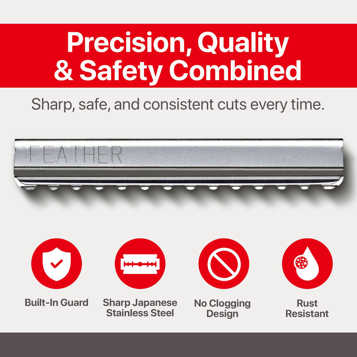 Close up view of the Japanese stainless steel guarded single edge styling razor blade showing the platinum hardening coating.