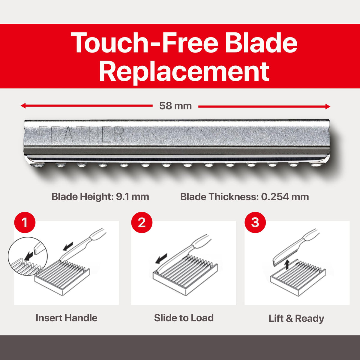 Side angle of the Feather professional hair cutting blades packaging highlighting the premium made in Japan manufacturing details.