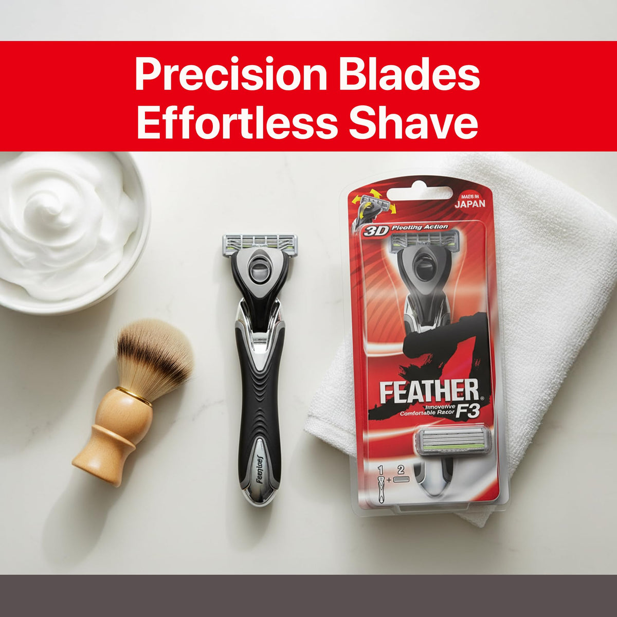 Professional grooming kit featuring Feather F3 razor