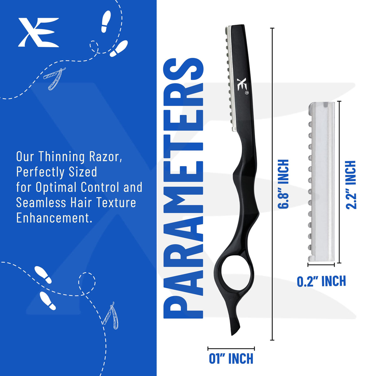 Stainless steel thinning razor with black ergonomic handle