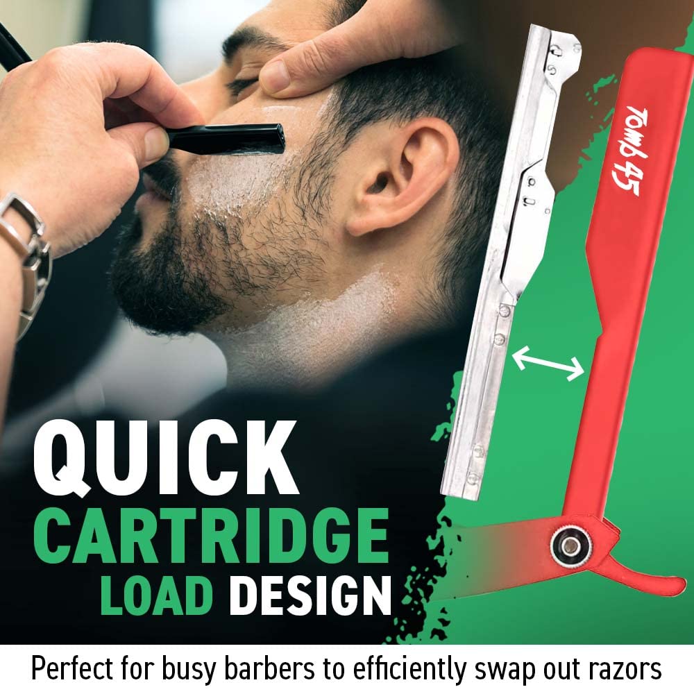 Tomb 45 barber razor with three blade exposure options displayed