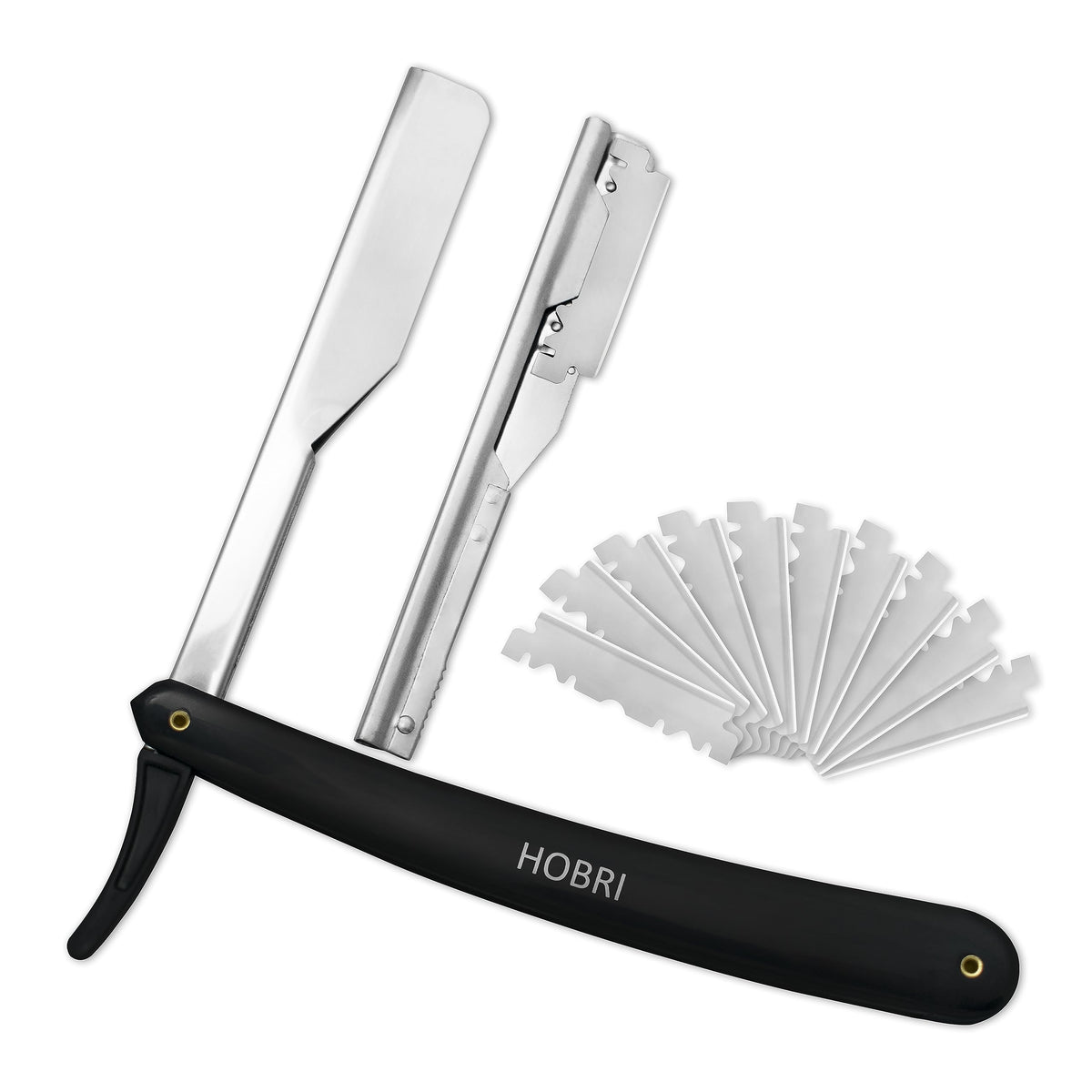 Stainless steel barber razor with matte black handle