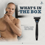 Jeremy's Razors Men Shaving Essentials Kit unboxed with one premium handle and one stainless steel blade refill.