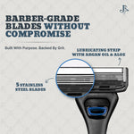 Close up view of Jeremy's Razors Precision 5 cartridge highlighting the lubricating strip and built-in trimmer.