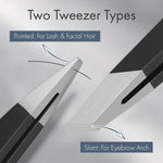 EZ2LIVE matte black eyebrow tweezers set showing the calibrated alignment of the slant tip