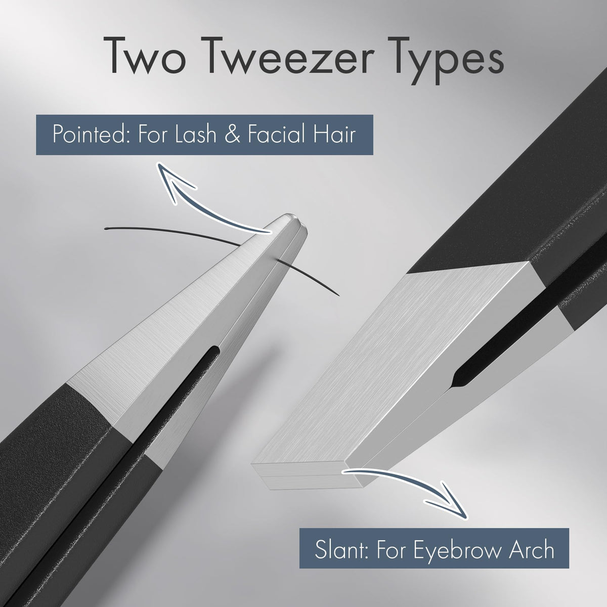 EZ2LIVE matte black eyebrow tweezers set showing the calibrated alignment of the slant tip