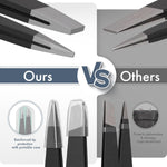 EZ2LIVE two piece premium stainless steel tweezer kit housed securely inside its clear plastic carrying case