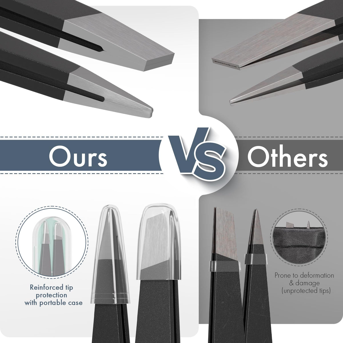 EZ2LIVE two piece premium stainless steel tweezer kit housed securely inside its clear plastic carrying case