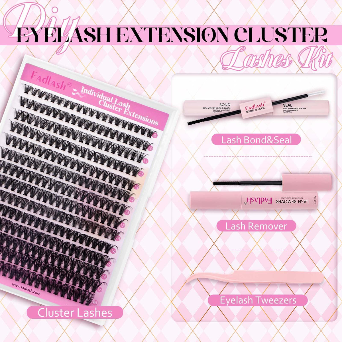 Fadlash individual lash clusters close up showing the mixed lengths from 8mm to 16mm