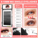 Close up view of the 0.07D curl mixed length lash tray containing individual extensions from 8mm to 15mm.