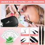 FlyItem lash extension kit components including individual adhesive glue and gentle cream remover bottles.