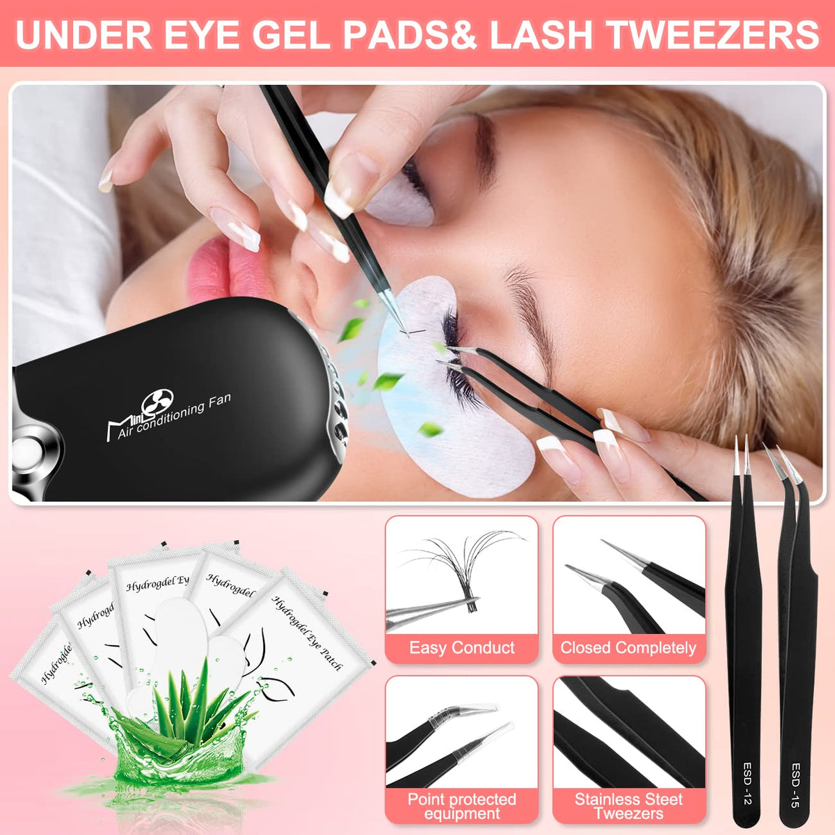 FlyItem lash extension kit components including individual adhesive glue and gentle cream remover bottles.