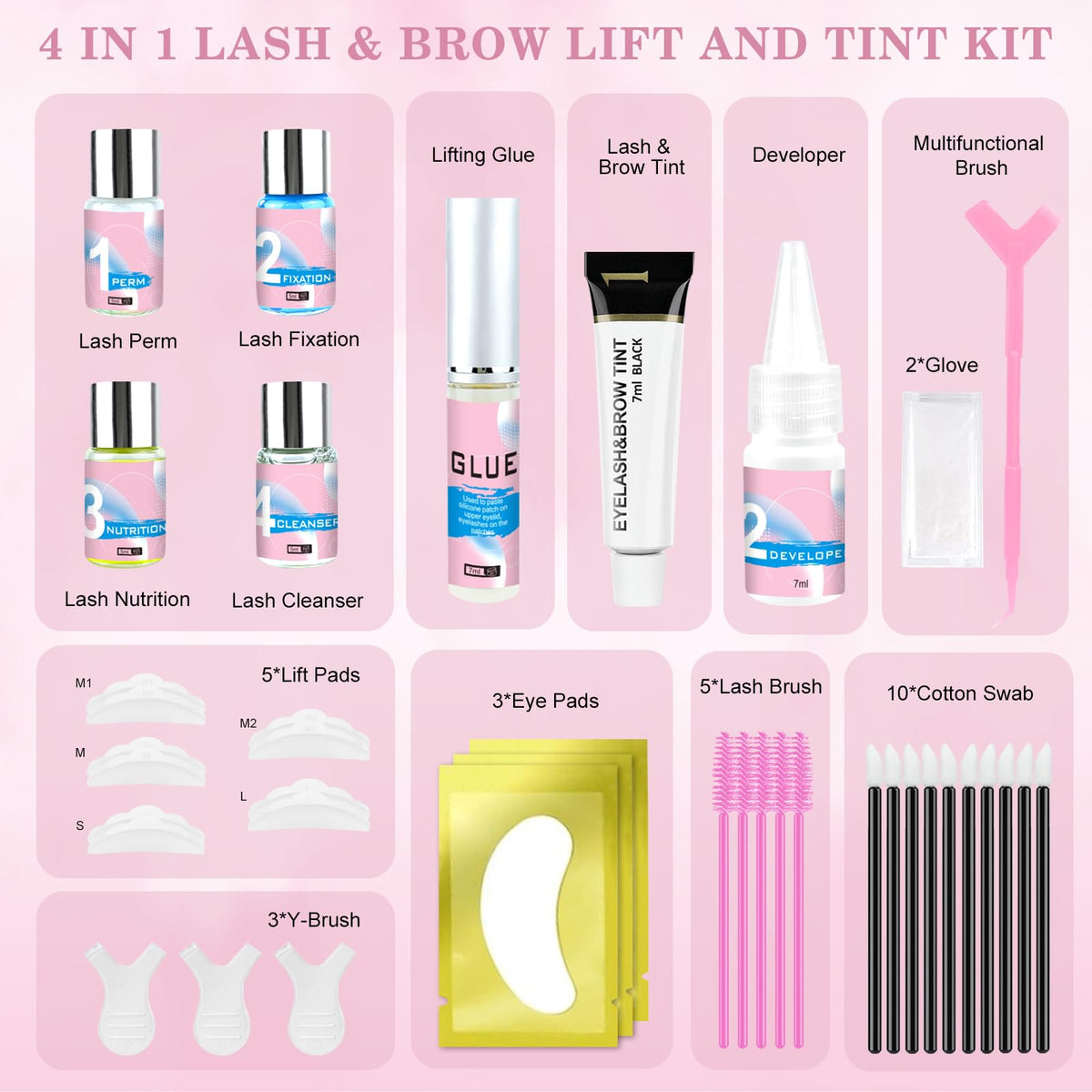 JUANPHEA 4 in 1 lash and brow lamination kit demonstrating the lifting tools and nourishing serums close up.