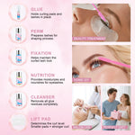 JUANPHEA eyelash perming solution and black dye developer components arranged neatly for an at home salon look.
