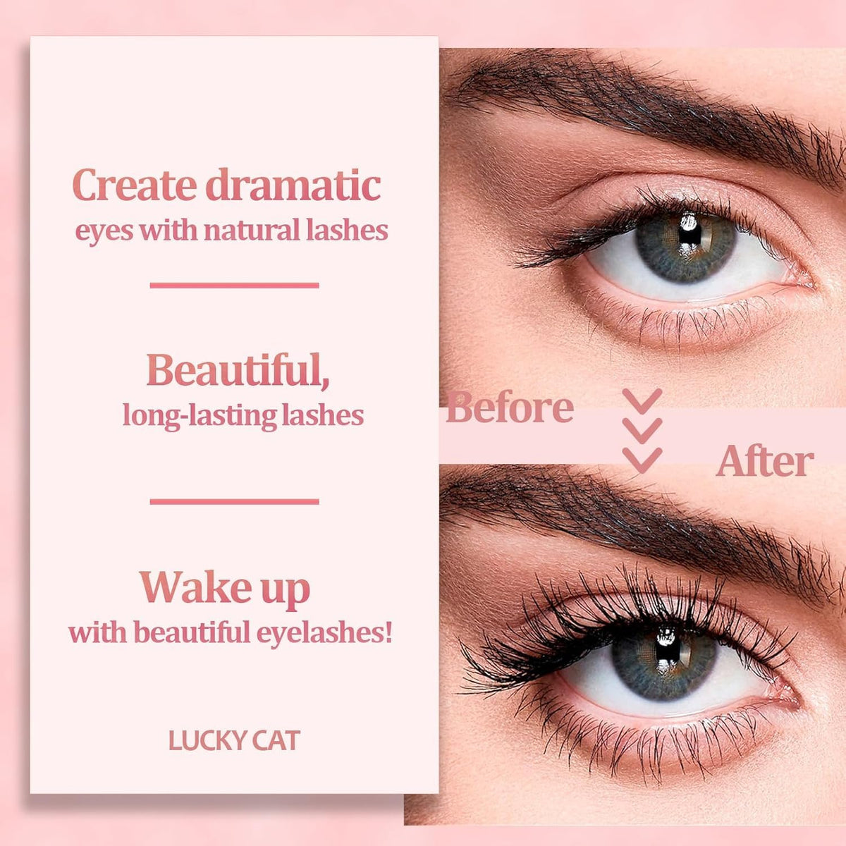LUCKY CAT Eyelash Perm Kit showing five sizes of reusable silicone lift pads and Y-shaped brushes.