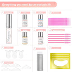LUCKY CAT eyebrow lamination and lash lift components including nutrition and cleanser liquids.