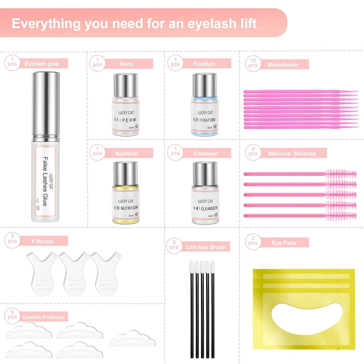LUCKY CAT eyebrow lamination and lash lift components including nutrition and cleanser liquids.