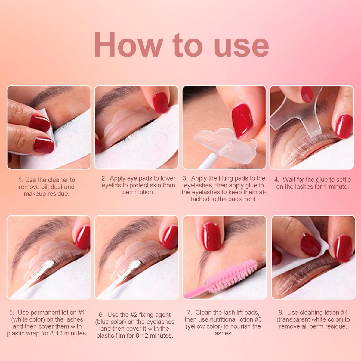 LUCKY CAT salon-grade eyelash perm kit application tools including mascara wands and eye patches.
