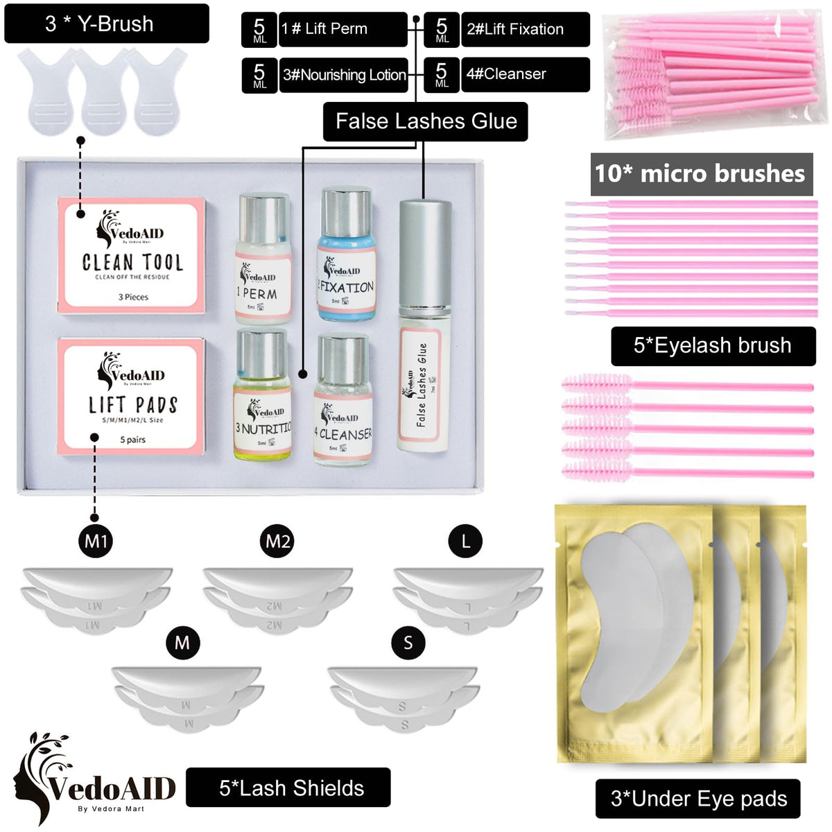 VedoAID Eyelash Perming Set displaying the essential perming and fixation lotions for curling.