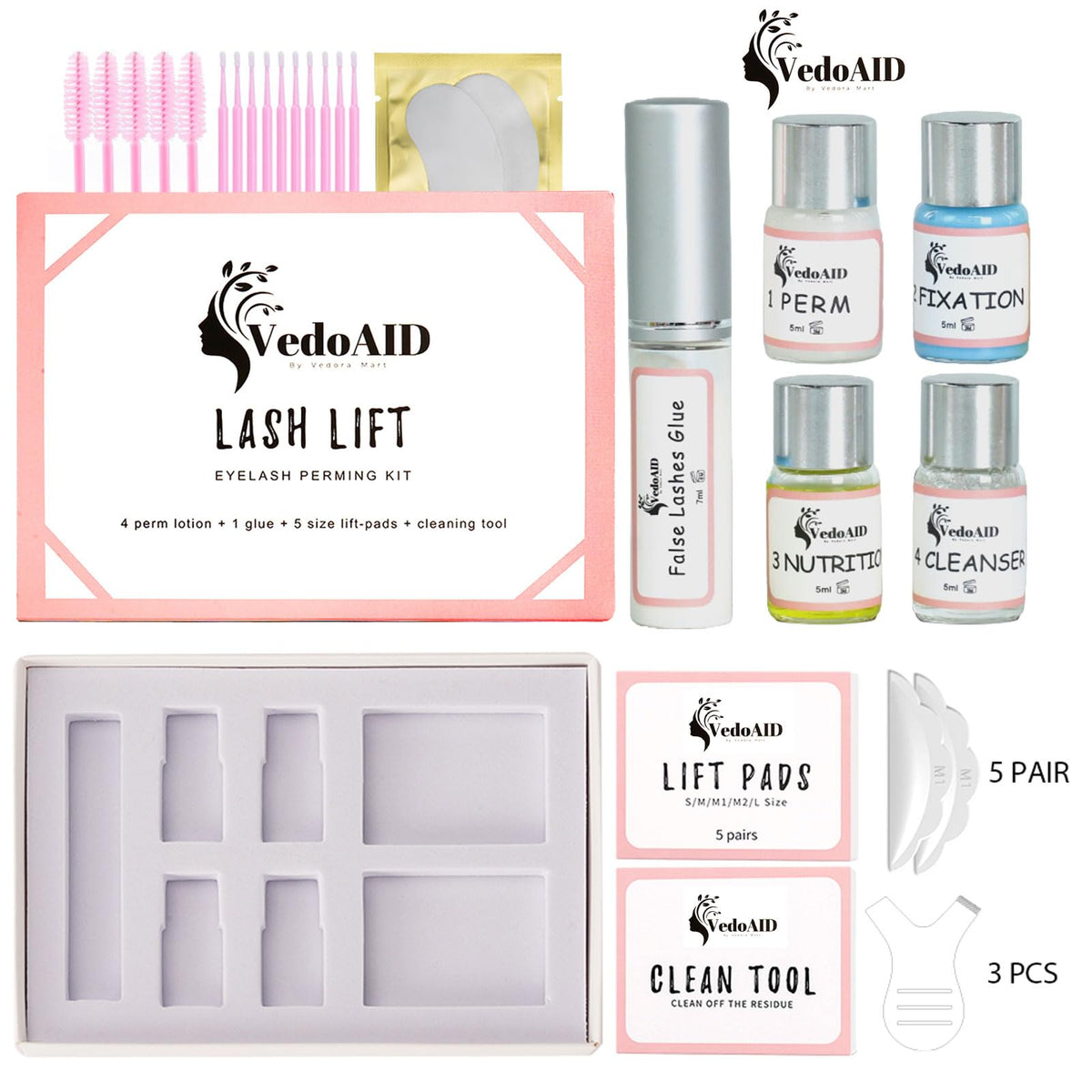 VedoAID Lash Curling Kit showing the various sizes of silicone eye shields and lift pads.