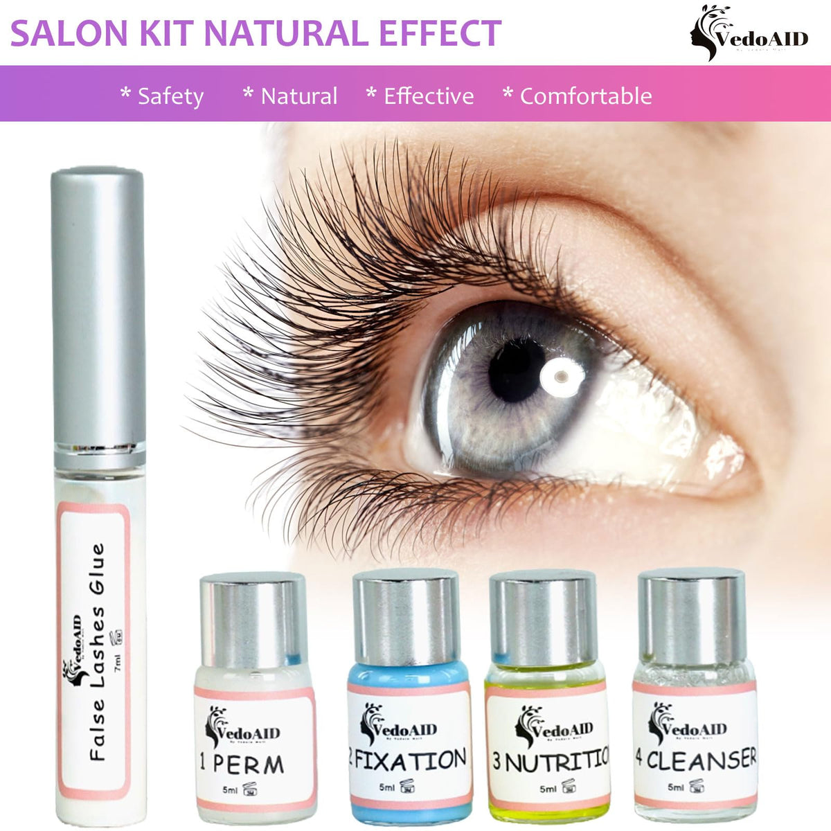 VedoAID Eyelash Lifting Kit unboxed layout highlighting the professional nourishment serum bottle.