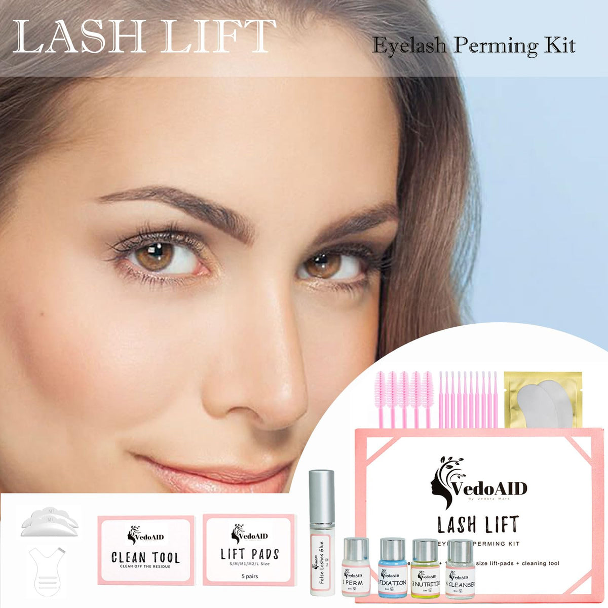 VedoAID Lash Lamination Set displaying the full collection of tools for salon results at home.