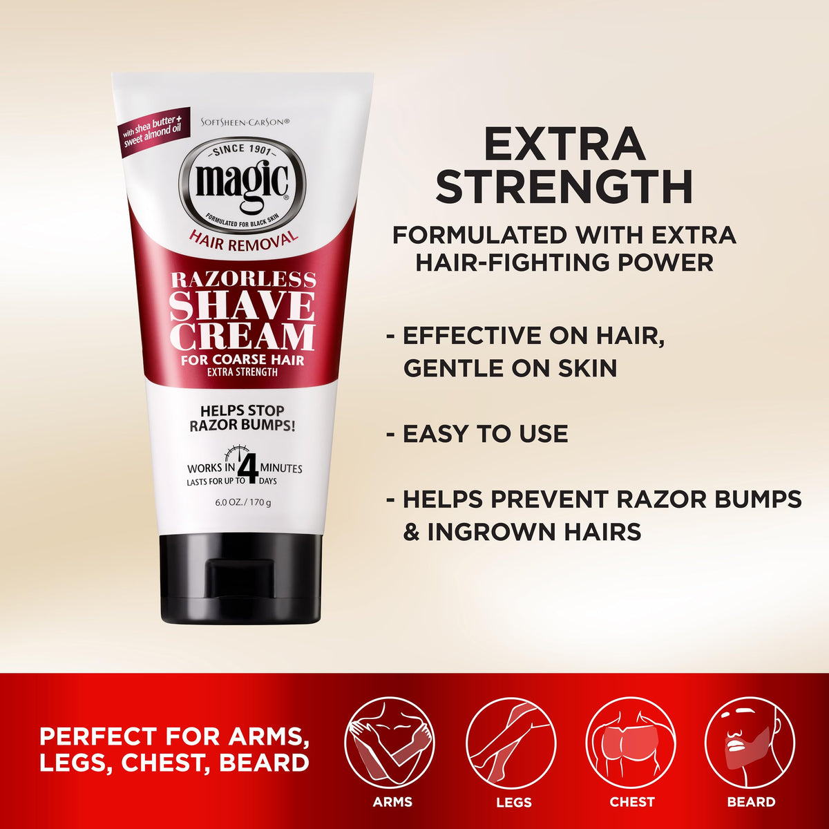 SoftSheen Carson razorless hair removal cream packaging detailing the four minute action time.