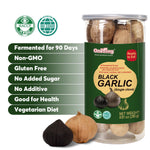 Zero additive antioxidant superfood black garlic jar for healthy gourmet snacking.