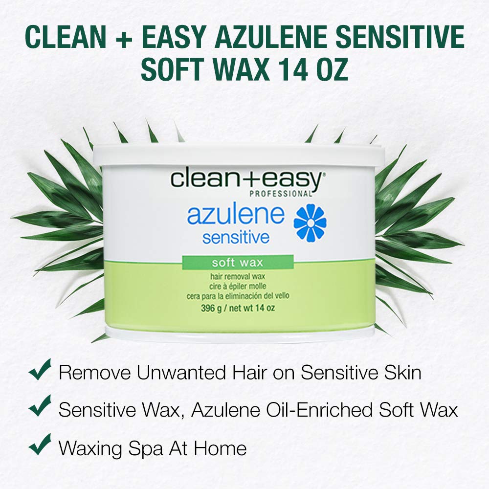 Clean and Easy sensitive skin depilatory wax pot showing professional azulene formula