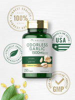 Close up of Carlyle odorless garlic supplement nutritional benefits and usage directions