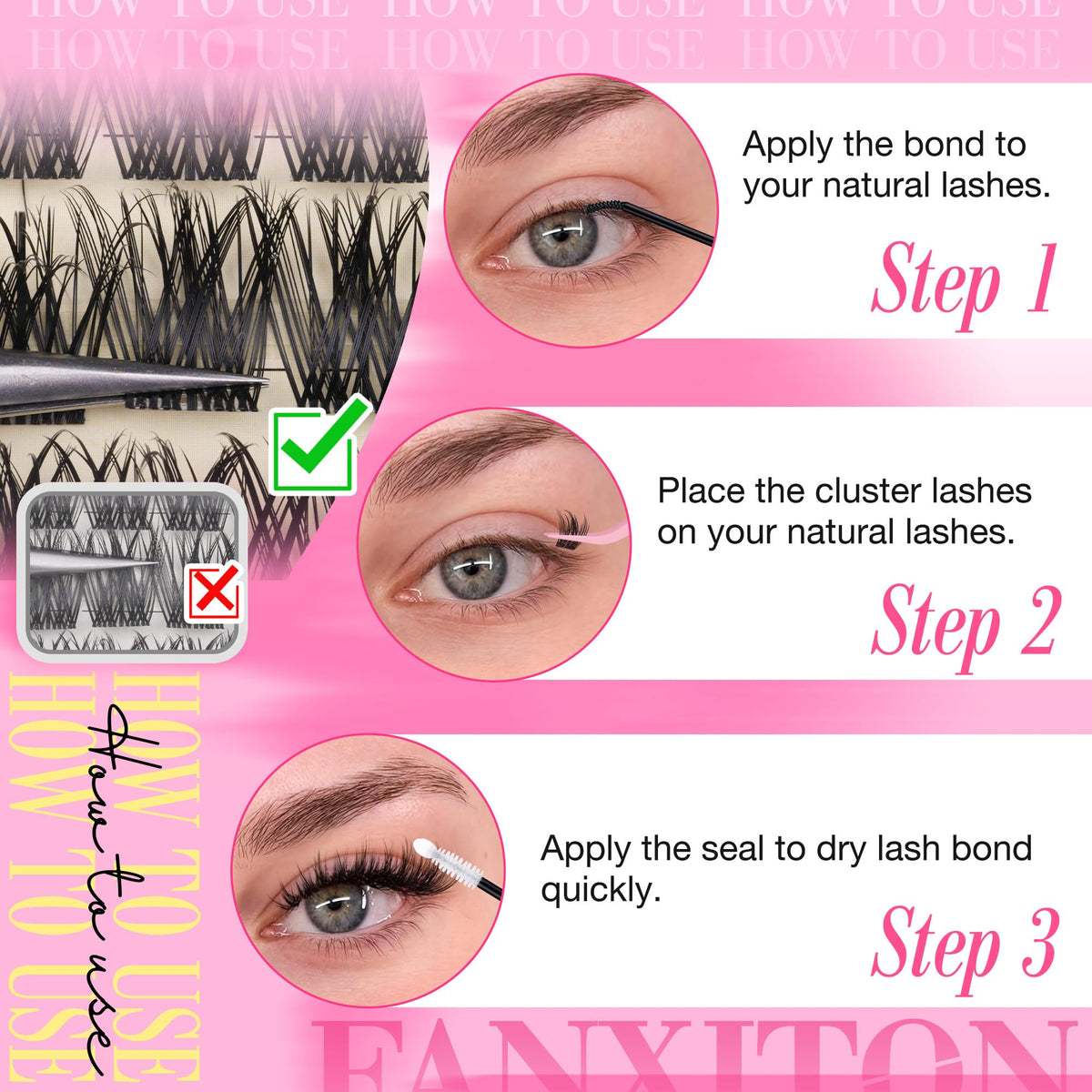 DIY lash extension kit components with applicator brush