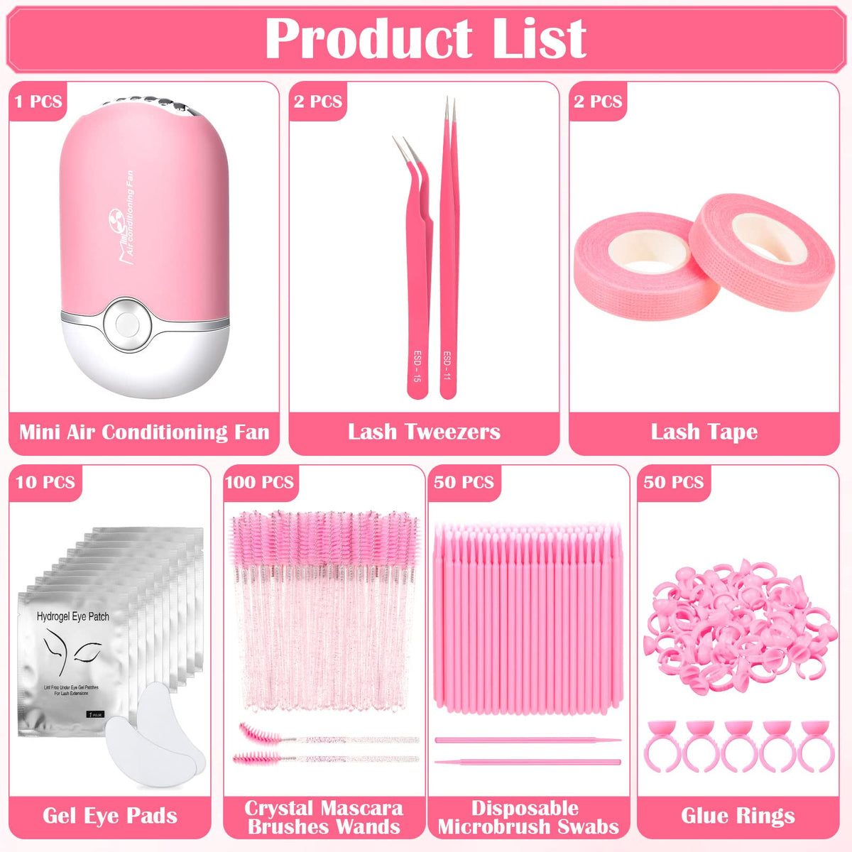 Modacraft wearable glue ring cups and complete kit contents organized for professional lash extension training sessions.