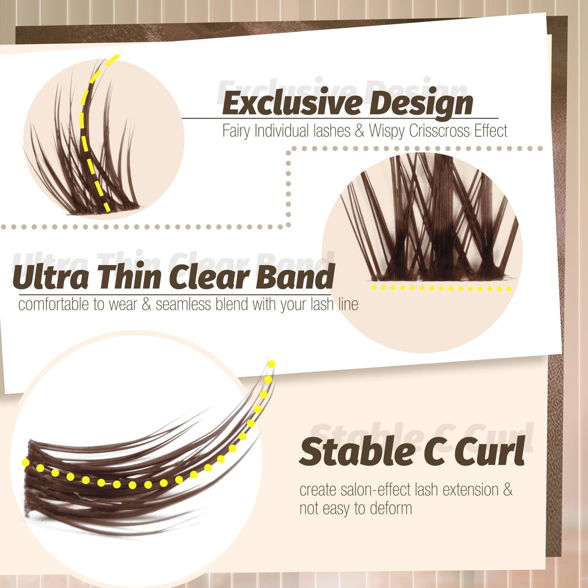 Detailed layout of the 120 pieces cluster eyelash kit showcasing natural wispy volume options.