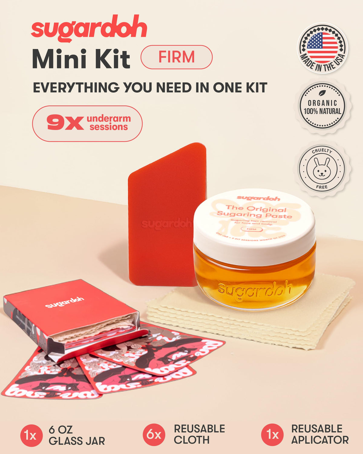 Sugardoh natural at home sugaring paste packaging with reusable cloth strips displayed