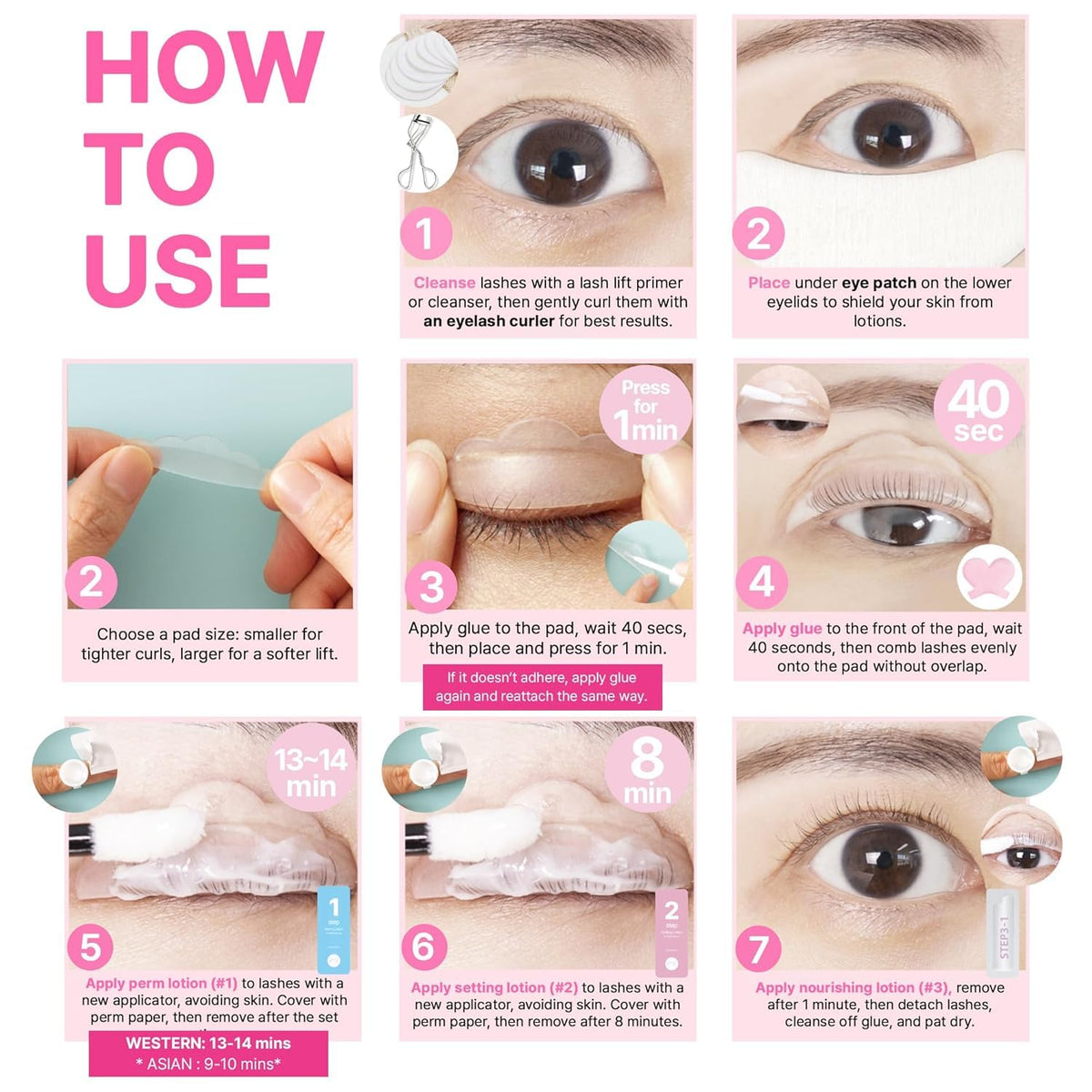 Close up view of the 42 pieces included in the premium Korean cosmetic lash lifting set.