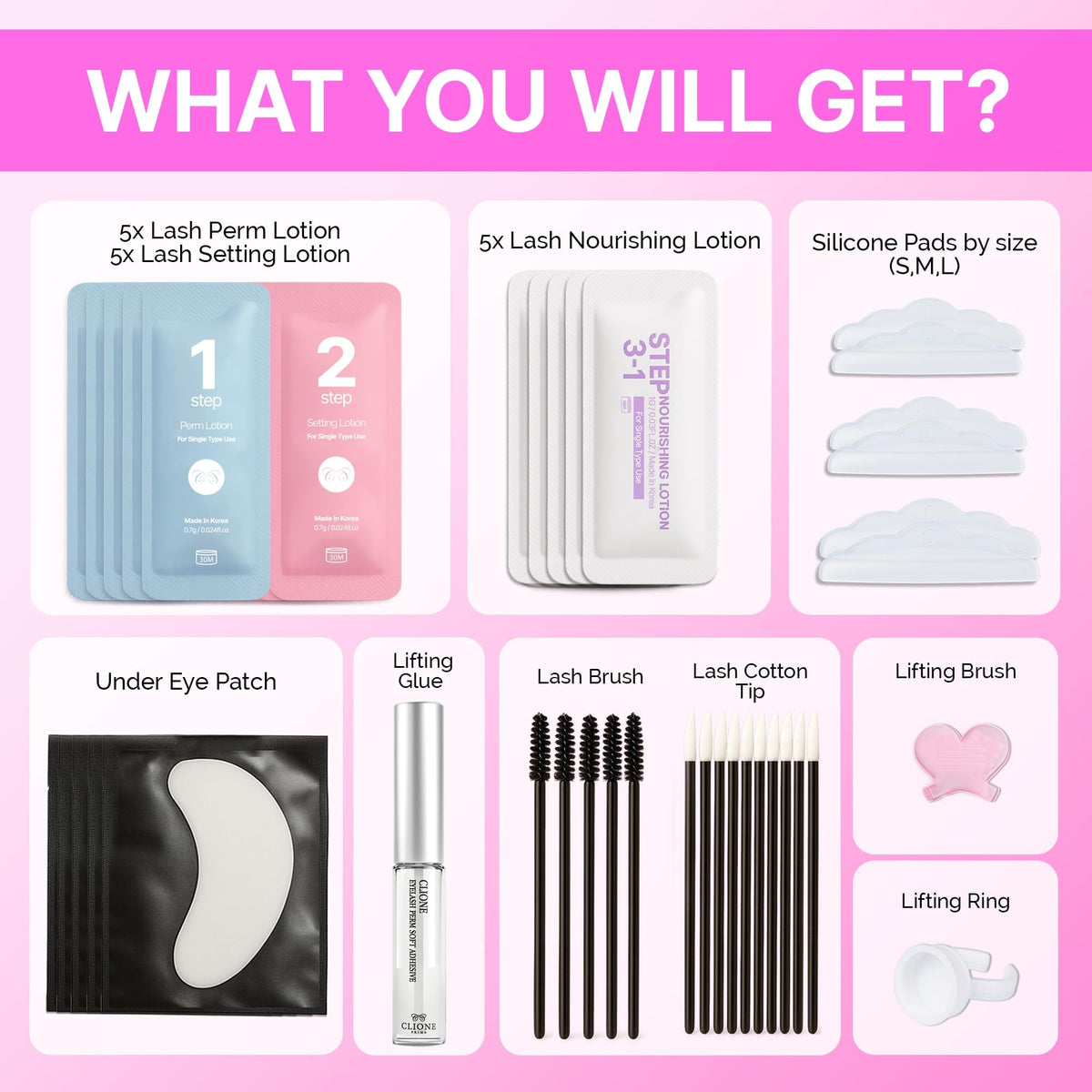 Authentic imported USA beauty packaging of the Clione Prime DIY lash lift kit for salon quality results.
